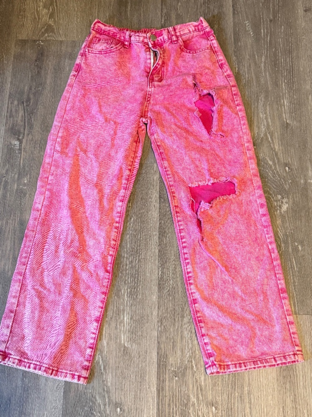 SHEIN Girls Pink Acid Wash Distressed Straight Leg Jeans | Size 12Y